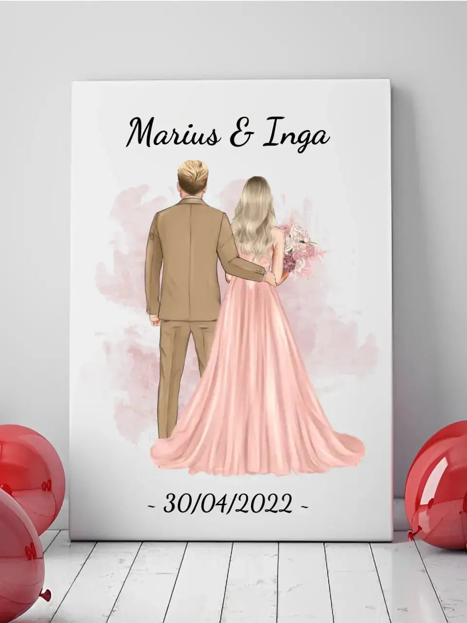 Personalizuotas jaunikio ir nuotakos vestuvių Iliustraciją ant drobės su jūsų data ir vardais Drobe - dovanokis.lt