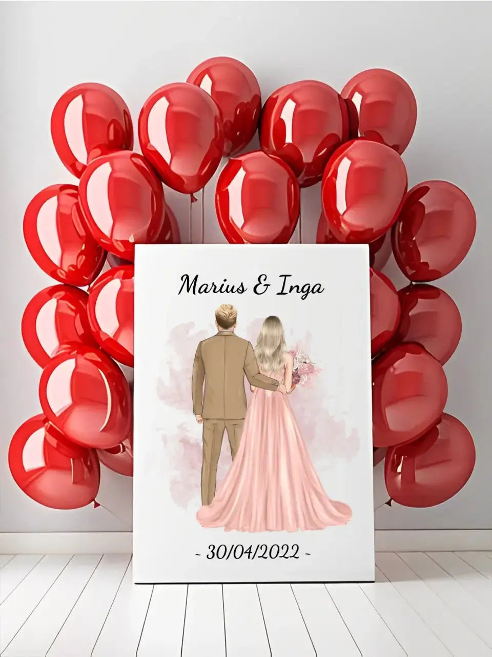 Personalizuotas jaunikio ir nuotakos vestuvių Iliustraciją ant drobės su jūsų data ir vardais Drobe - dovanokis.lt