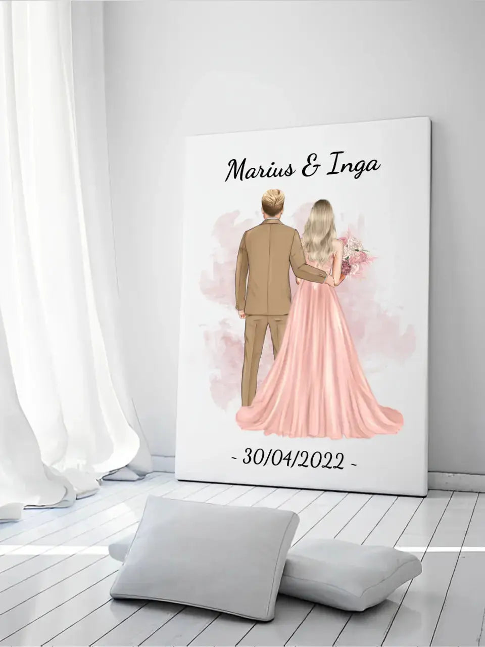 Personalizuotas jaunikio ir nuotakos vestuvių Iliustraciją ant drobės su jūsų data ir vardais Drobe - dovanokis.lt