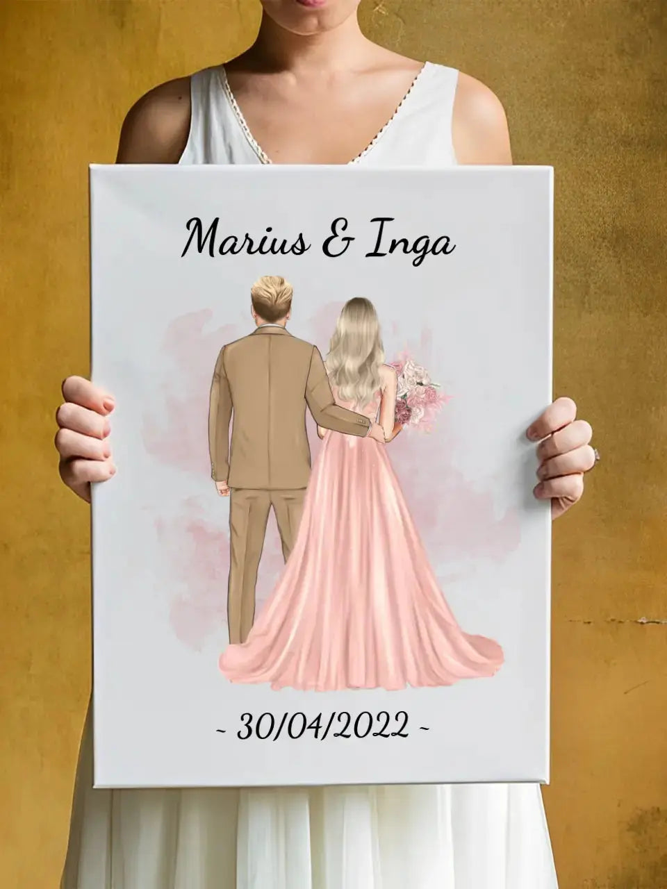 Personalizuotas jaunikio ir nuotakos vestuvių Iliustraciją ant drobės su jūsų data ir vardais Drobe - dovanokis.lt