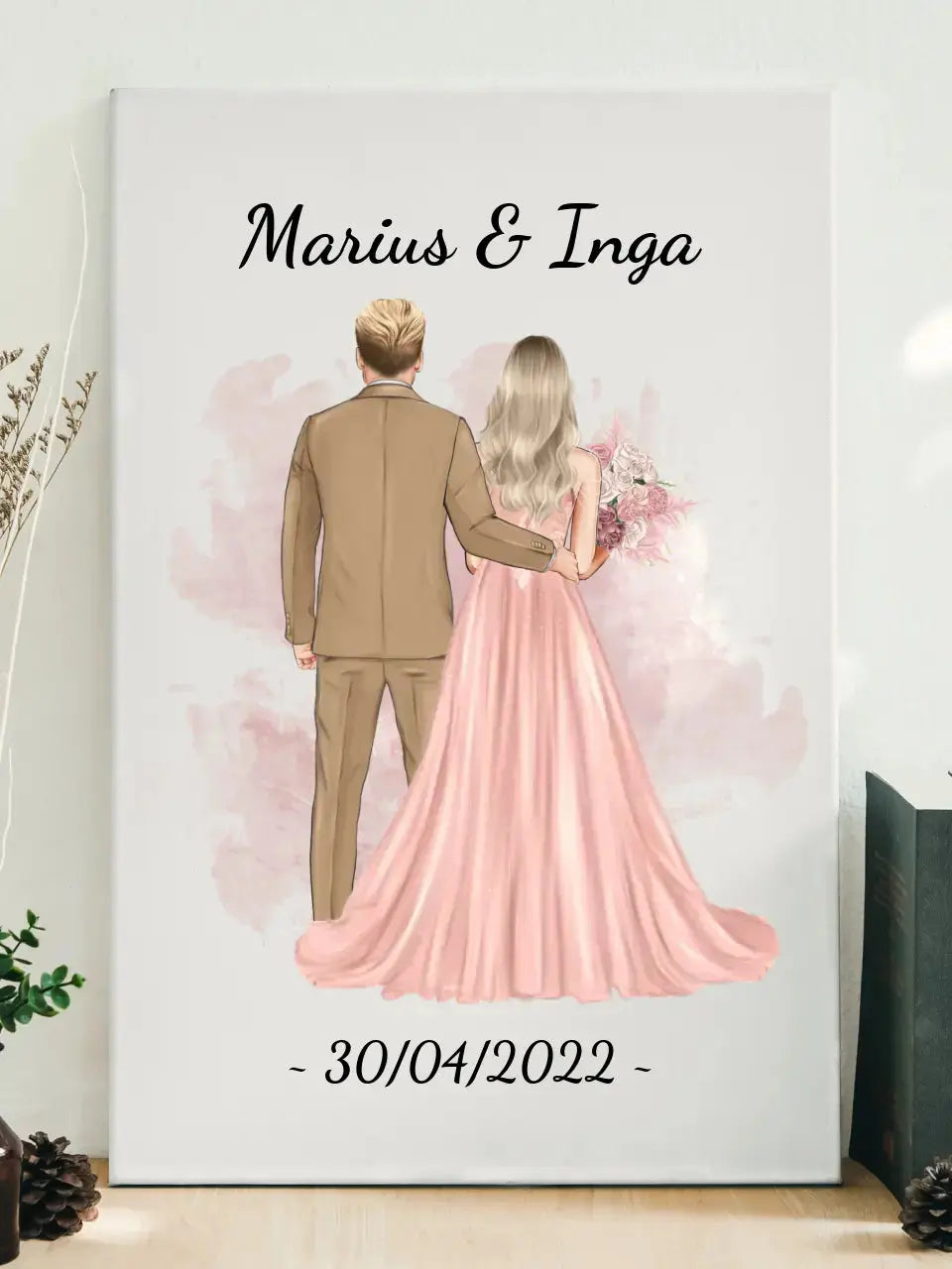 Personalizuotas jaunikio ir nuotakos vestuvių Iliustraciją ant drobės su jūsų data ir vardais Drobe - dovanokis.lt
