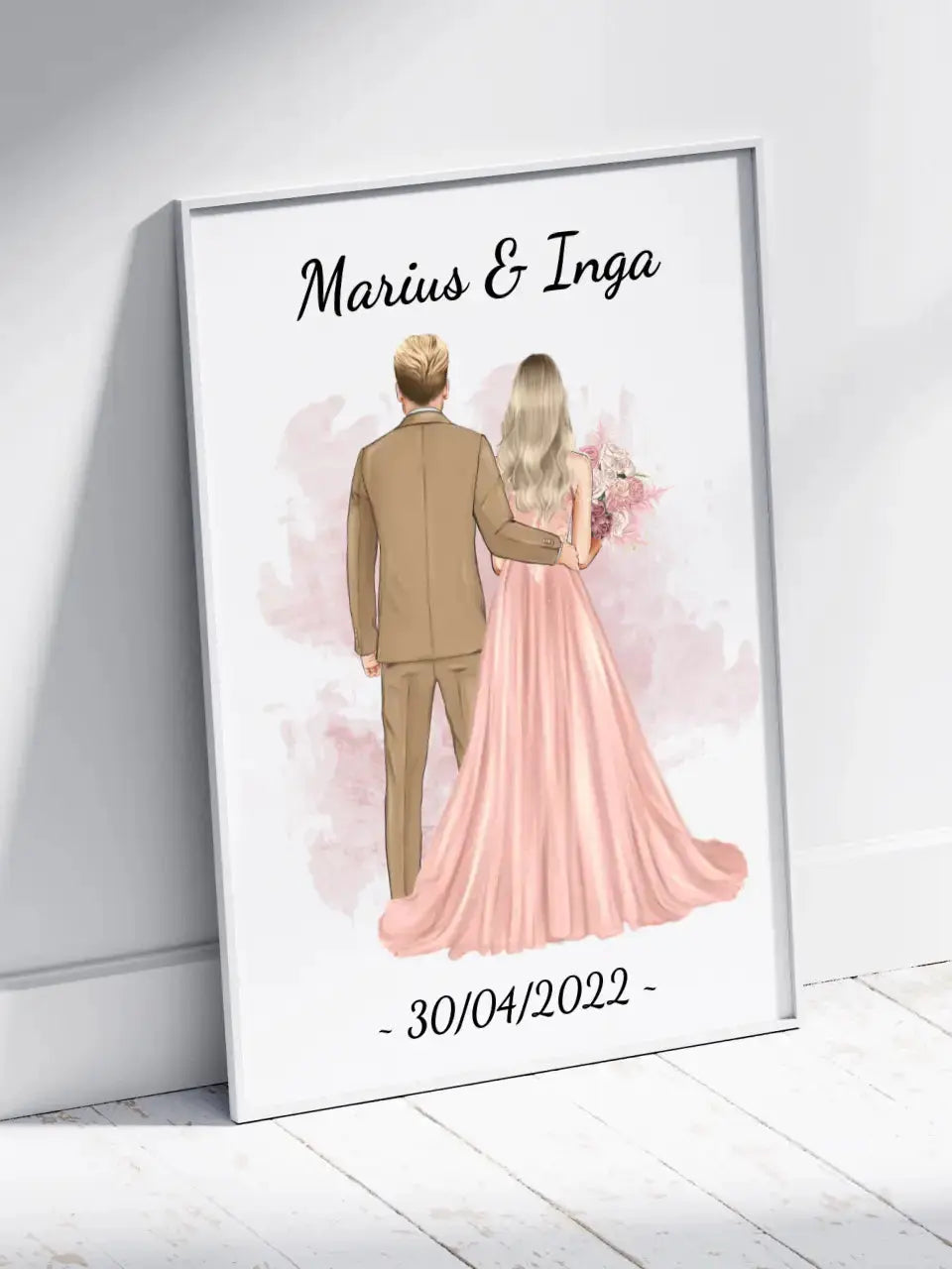 Personalizuotas jaunikio ir nuotakos vestuvių plakatas su rėmeliu, su jūsų data ir vardais Poster - dovanokis.lt