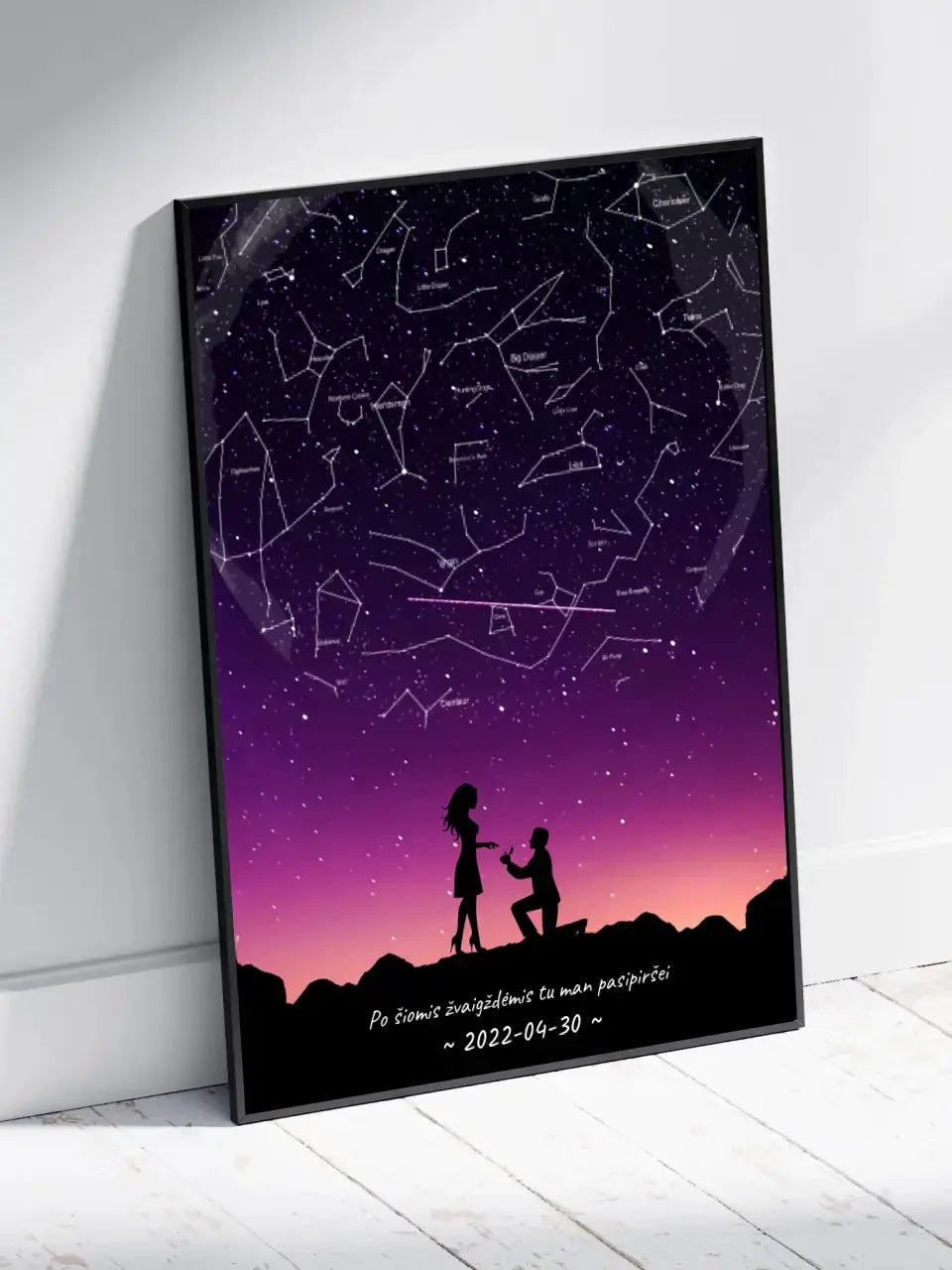 Personalizuotas viso spektro žvaigždžių žemėlapis, plakatas su rėmeliu, su santuokos silueto pasirinkimu Poster - dovanokis.lt