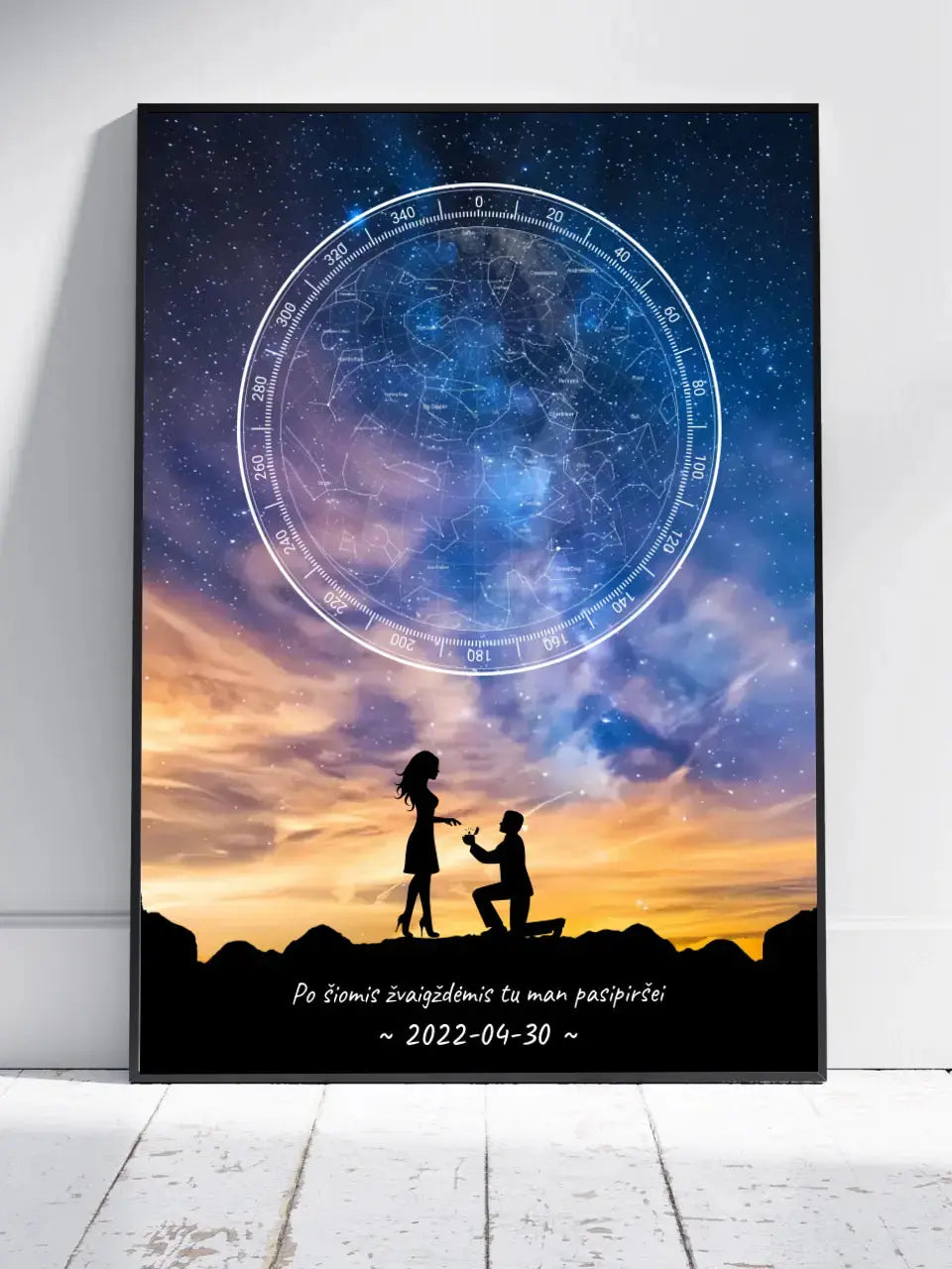 Personalizuotas žvaigždžių žemėlapis, plakatas su rėmeliu, su santuokos pasiūlymo siluetu Poster - dovanokis.lt