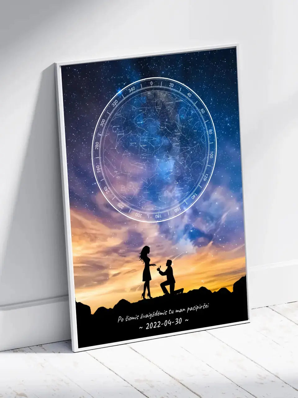 Personalizuotas žvaigždžių žemėlapis, plakatas su rėmeliu, su santuokos pasiūlymo siluetu Poster - dovanokis.lt