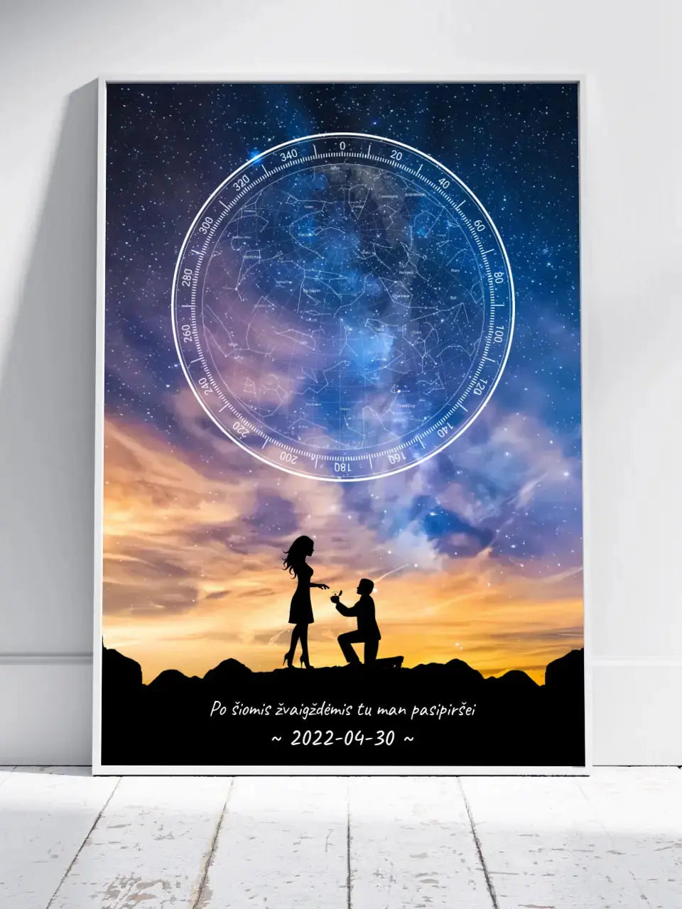 Personalizuotas žvaigždžių žemėlapis, plakatas su rėmeliu, su santuokos pasiūlymo siluetu Poster - dovanokis.lt