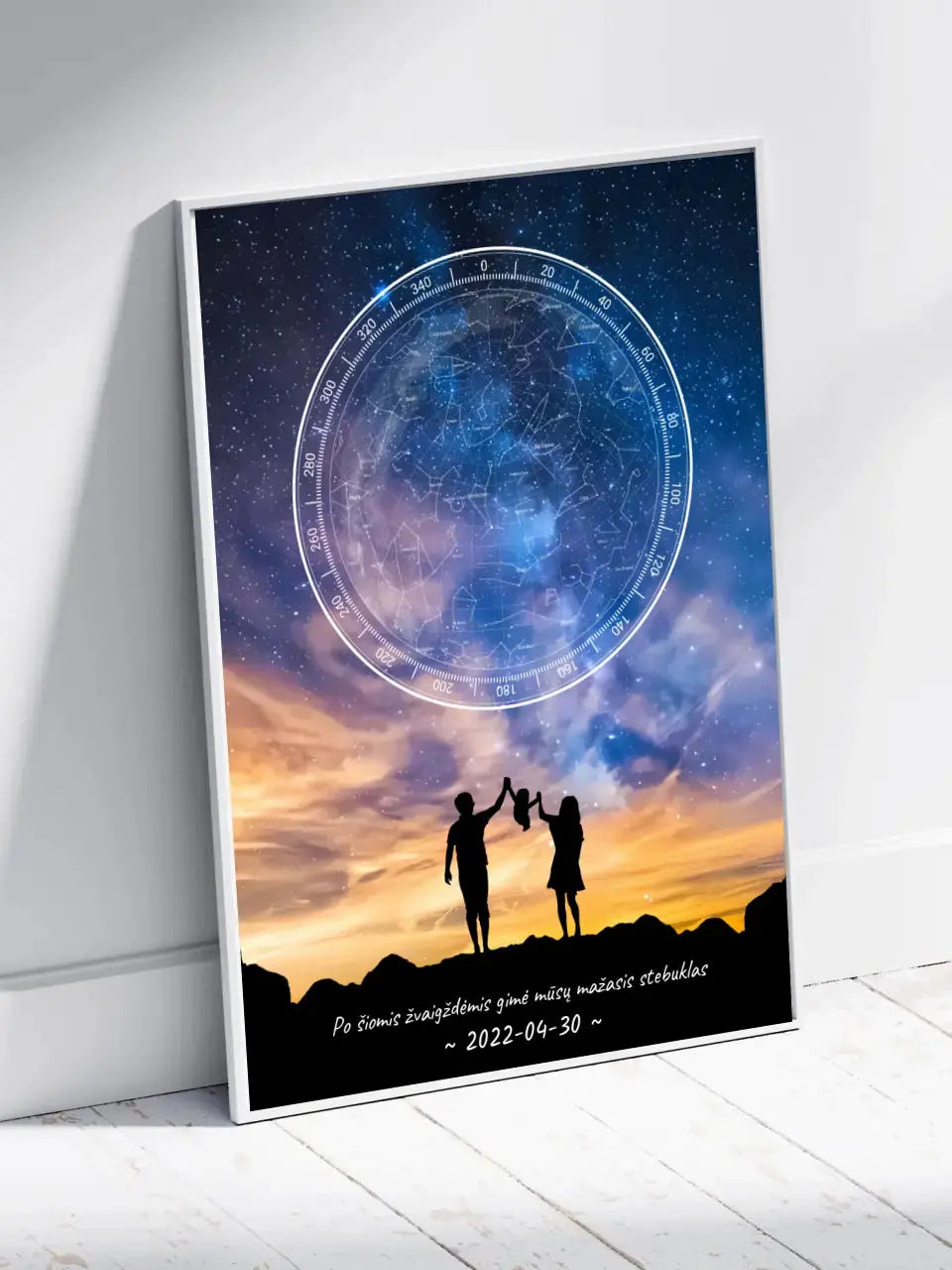 Personalizuotas žvaigždžių žemėlapis, plakatas su rėmeliu, su šeimos pasirinktu siluetu Poster - dovanokis.lt