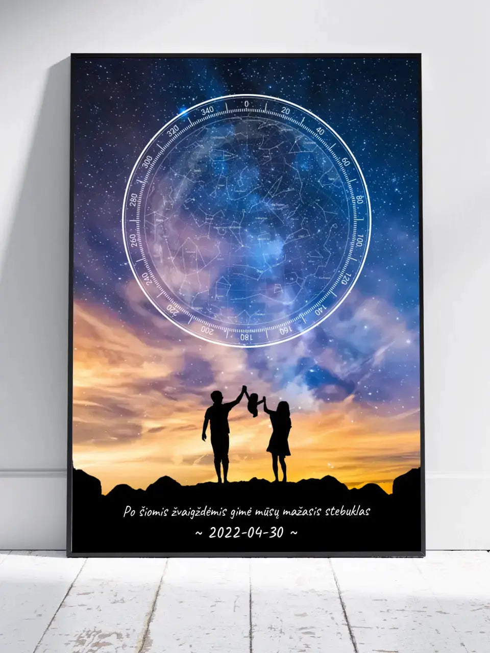 Personalizuotas žvaigždžių žemėlapis, plakatas su rėmeliu, su šeimos pasirinktu siluetu Poster - dovanokis.lt