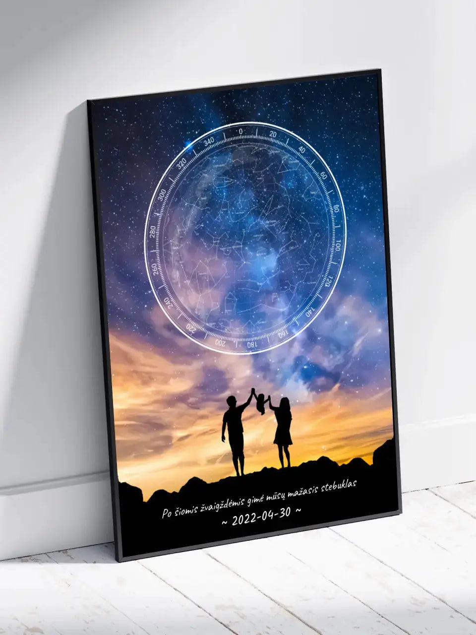 Personalizuotas žvaigždžių žemėlapis, plakatas su rėmeliu, su šeimos pasirinktu siluetu Poster - dovanokis.lt