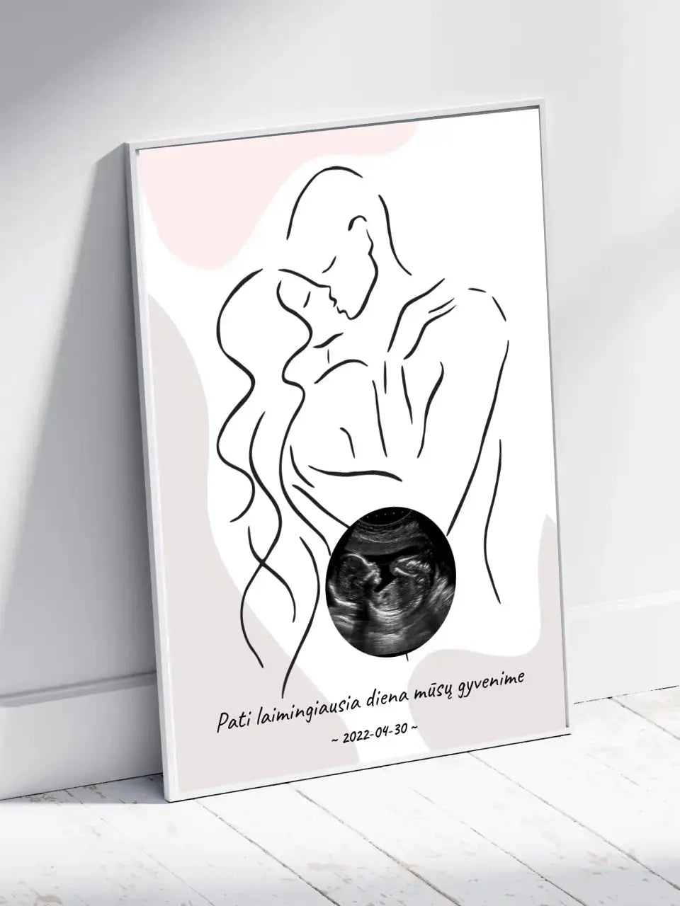 Personalizuota nėščiųjų echoskopijos tyrimo nuotraką, plakatas su rėmeliu ir linijine iliustracija Poster - dovanokis.lt