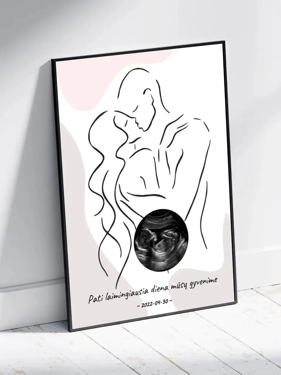 Personalizuota nėščiųjų echoskopijos tyrimo nuotraką, plakatas su rėmeliu ir linijine iliustracija Poster - dovanokis.lt