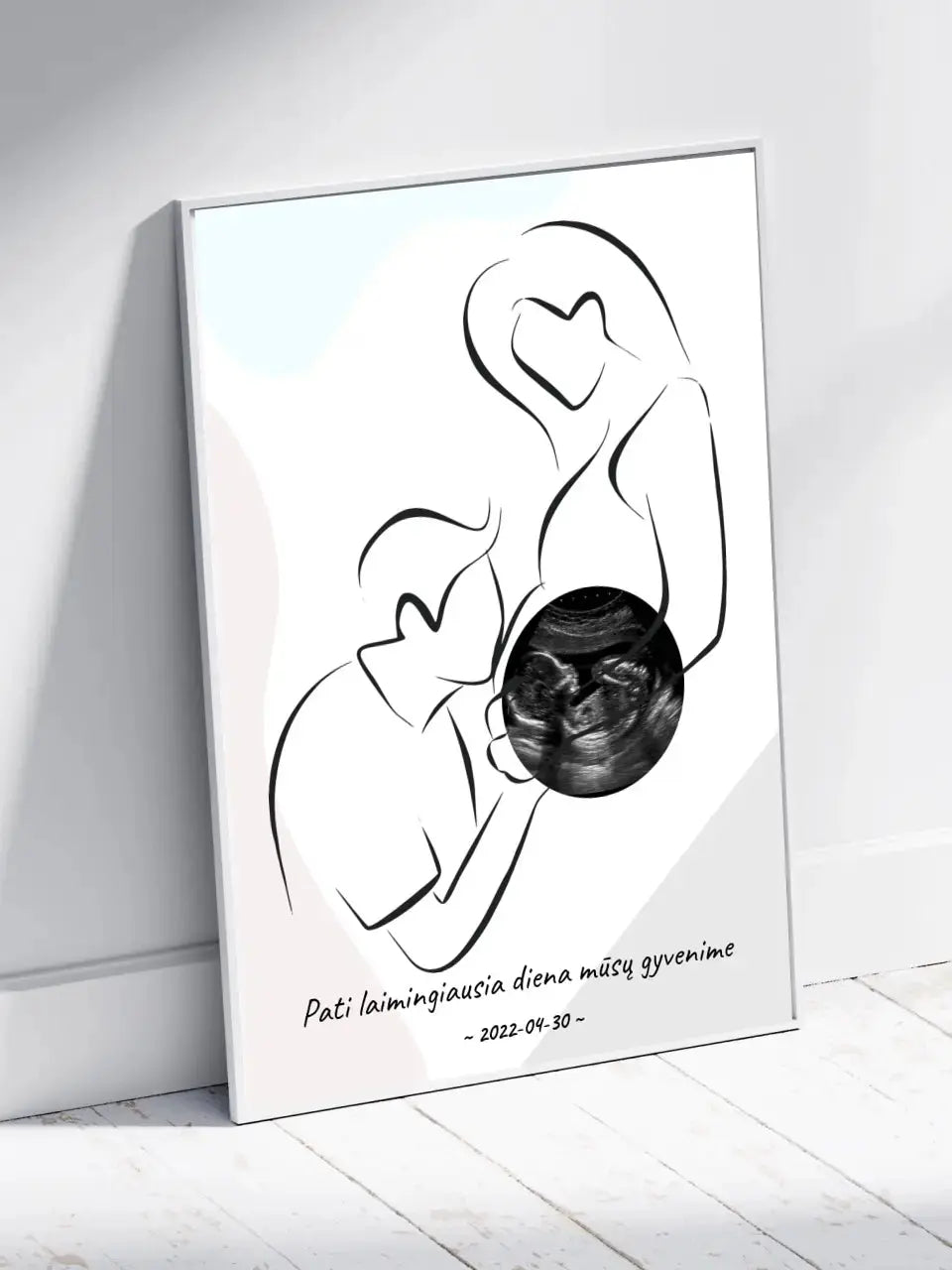 Personalizuota nėščiųjų echoskopijos tyrimo nuotraką, plakatas su rėmeliu ir linijine iliustracija Poster - dovanokis.lt