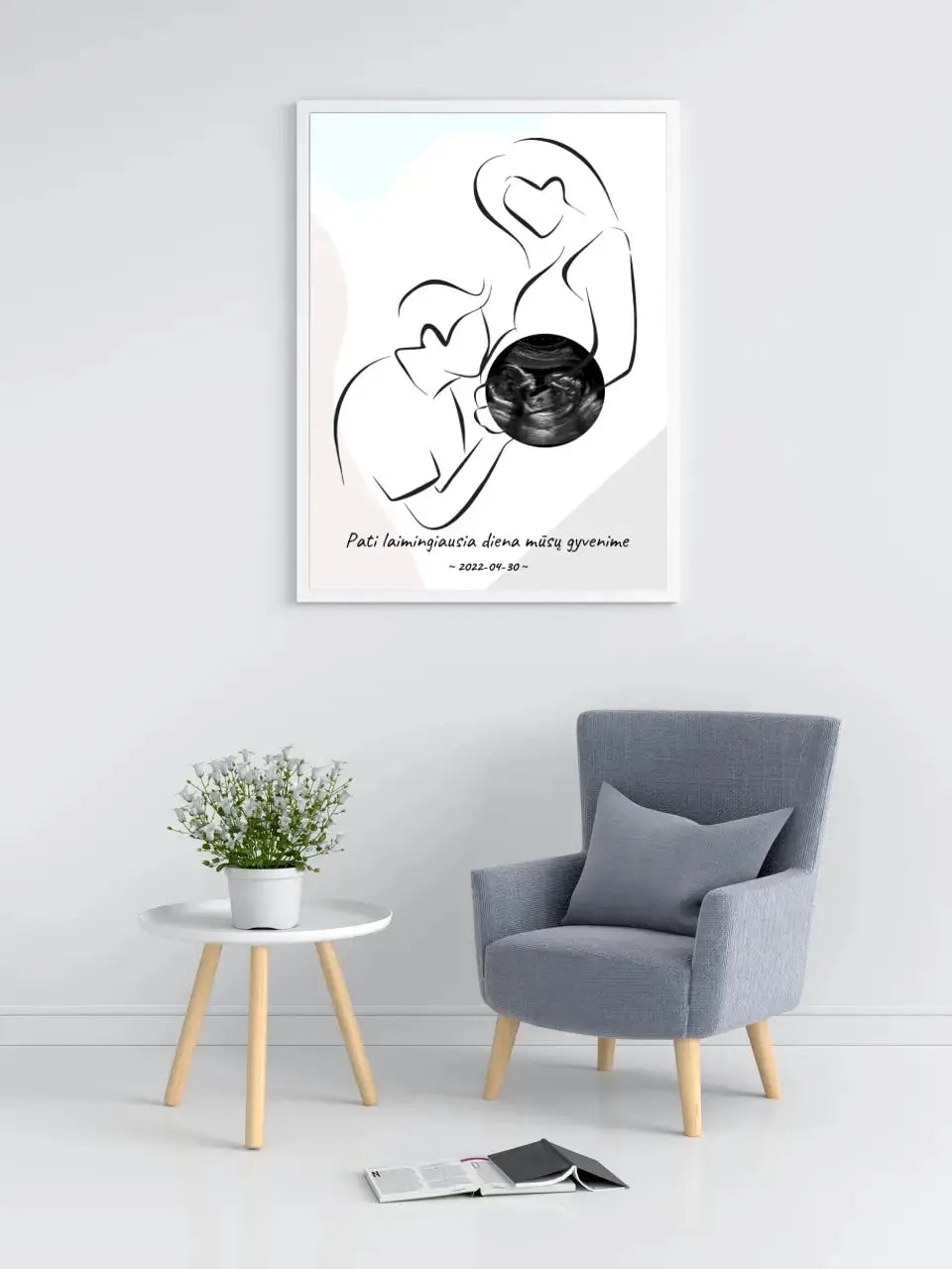 Personalizuota nėščiųjų echoskopijos tyrimo nuotraką, plakatas su rėmeliu ir linijine iliustracija Poster - dovanokis.lt