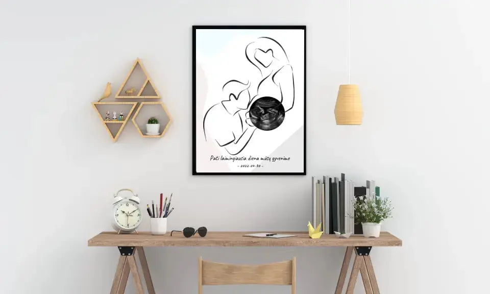 Personalizuota nėščiųjų echoskopijos tyrimo nuotraką, plakatas su rėmeliu ir linijine iliustracija Poster - dovanokis.lt