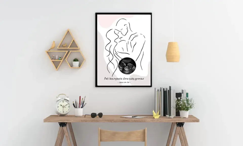 Personalizuota nėščiųjų echoskopijos tyrimo nuotraką, plakatas su rėmeliu ir linijine iliustracija Poster - dovanokis.lt