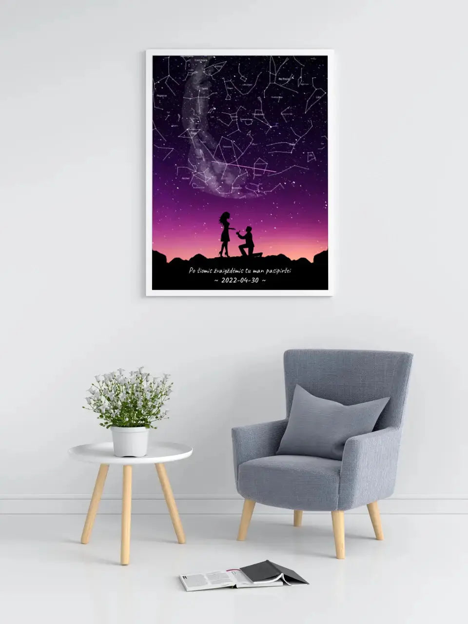 Personalizuotas viso spektro žvaigždžių žemėlapis, plakatas su rėmeliu, su santuokos silueto pasirinkimu Poster - dovanokis.lt