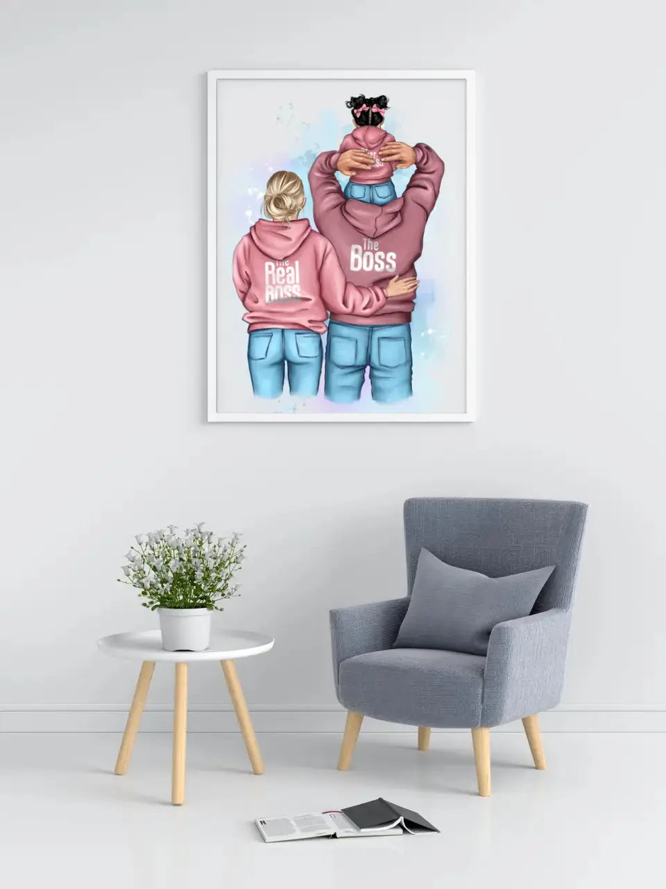 Personalizuotas "Tikra boso šeima" iliustracija su vaiku, plakatas su rėmeliu Poster - dovanokis.lt