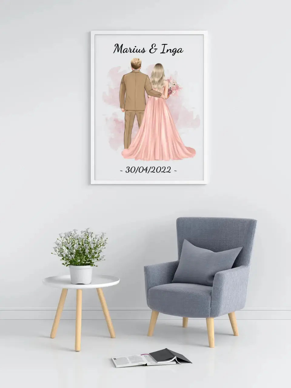 Personalizuotas jaunikio ir nuotakos vestuvių plakatas su rėmeliu, su jūsų data ir vardais Poster - dovanokis.lt