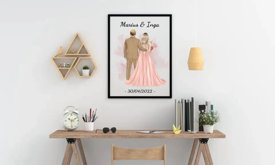 Personalizuotas jaunikio ir nuotakos vestuvių plakatas su rėmeliu, su jūsų data ir vardais Poster - dovanokis.lt