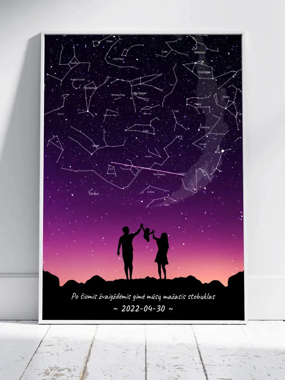 Personalizuotas viso spektro žvaigždžių žemėlapis, plakatas su rėmeliu, su Šeimos pasirinktu siluetu Poster - dovanokis.lt