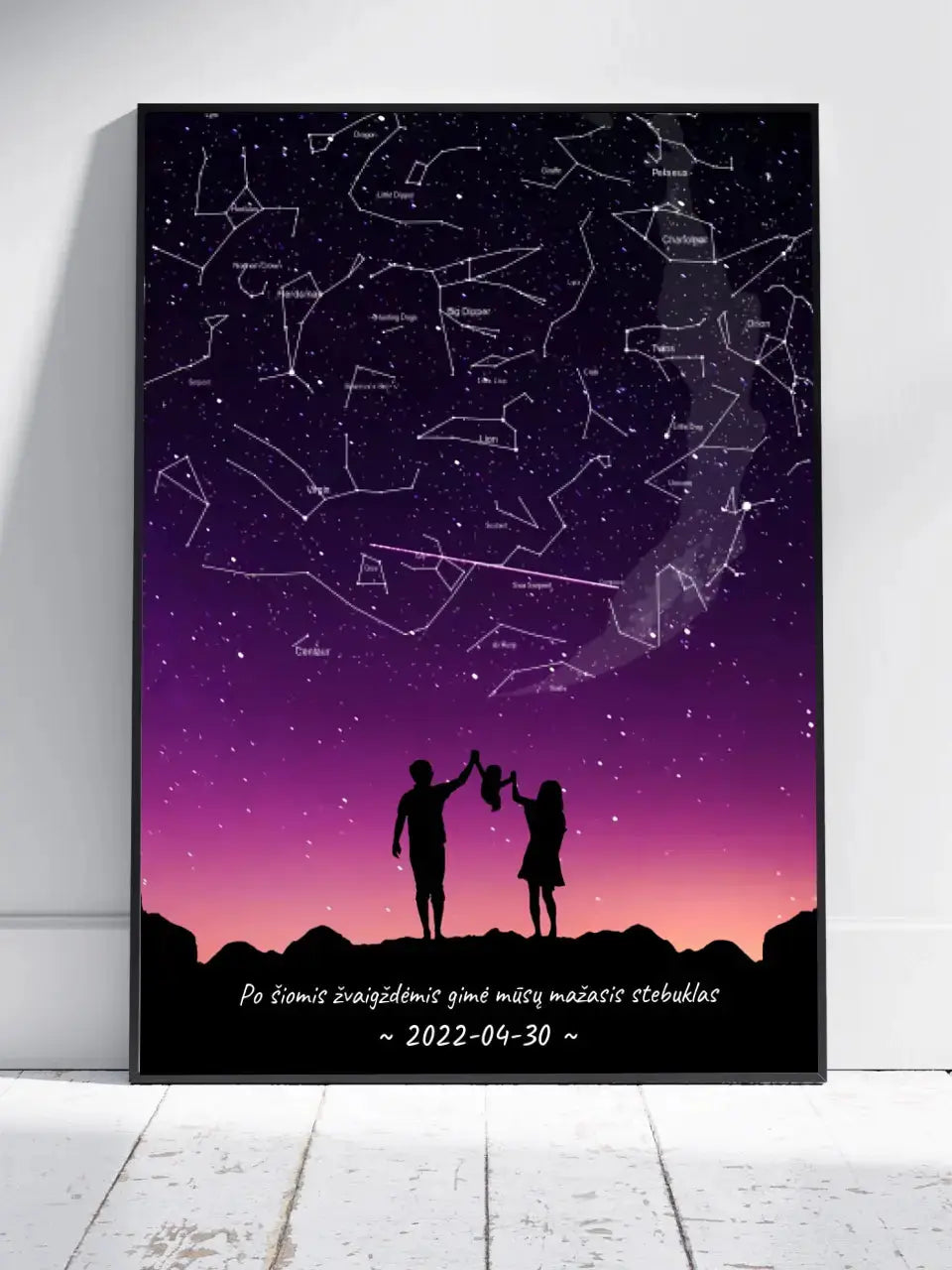 Personalizuotas viso spektro žvaigždžių žemėlapis, plakatas su rėmeliu, su Šeimos pasirinktu siluetu Poster - dovanokis.lt