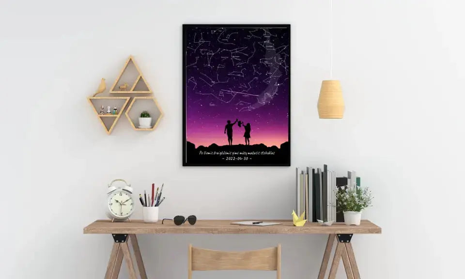 Personalizuotas viso spektro žvaigždžių žemėlapis, plakatas su rėmeliu, su Šeimos pasirinktu siluetu Poster - dovanokis.lt