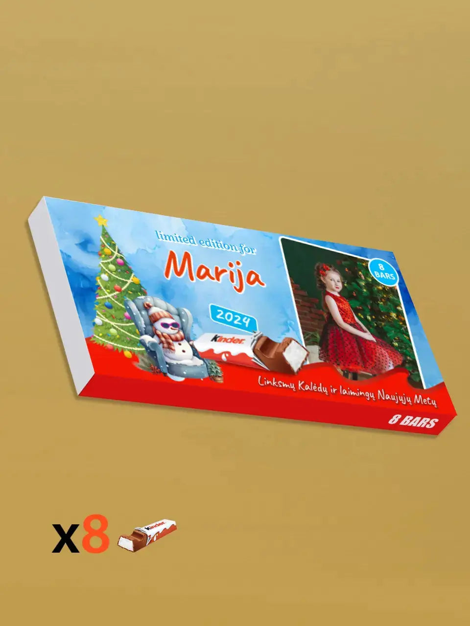 Personalizuota Kinder 8 batonėlių šokoladinė dėžutė su jūsų nuotrauka, Kalėdinė versija su bosu sniego seneliu TeeInBlue