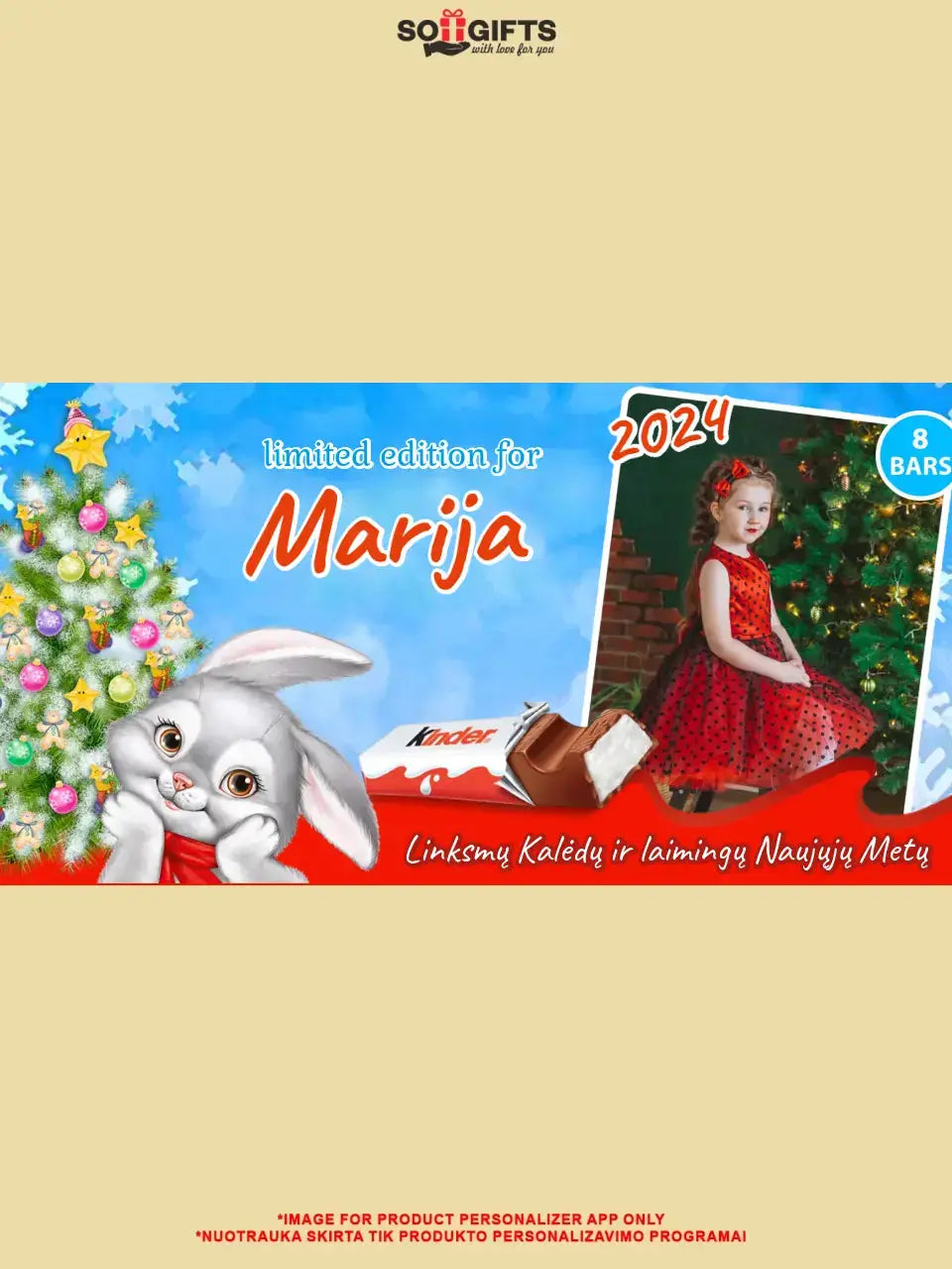 Personalizuota Kinder 8 batonėlių šokoladinė dėžutė su jūsų nuotrauka, Kalėdinė versija su kalėdiniu zuikučiu TeeInBlue