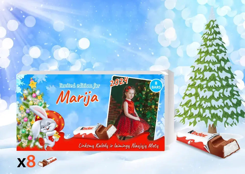 Personalizuota Kinder 8 batonėlių šokoladinė dėžutė su jūsų nuotrauka, Kalėdinė versija su kalėdiniu zuikučiu TeeInBlue