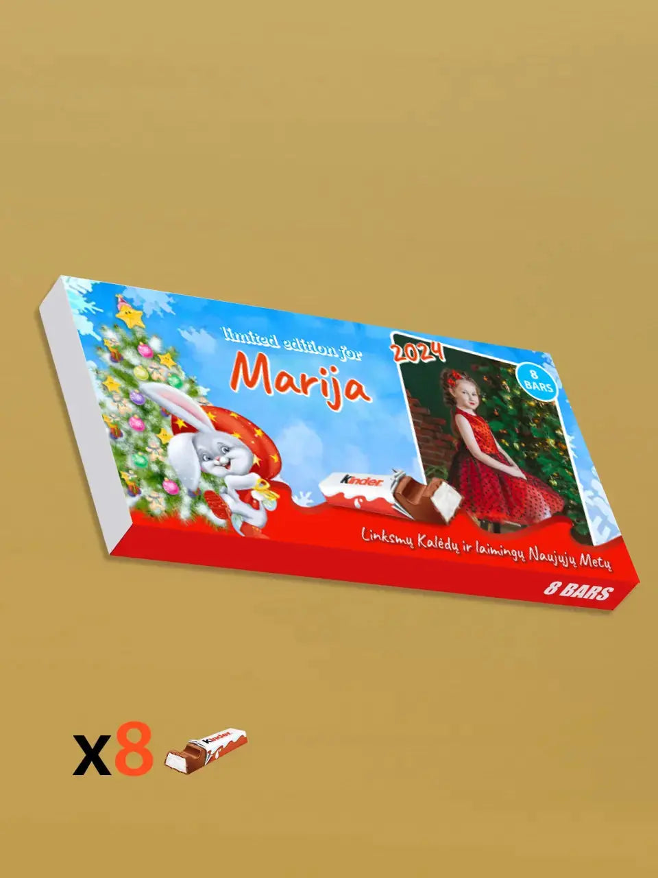 Personalizuota Kinder 8 batonėlių šokoladinė dėžutė su jūsų nuotrauka, Kalėdinė versija su kalėdiniu zuikučiu TeeInBlue
