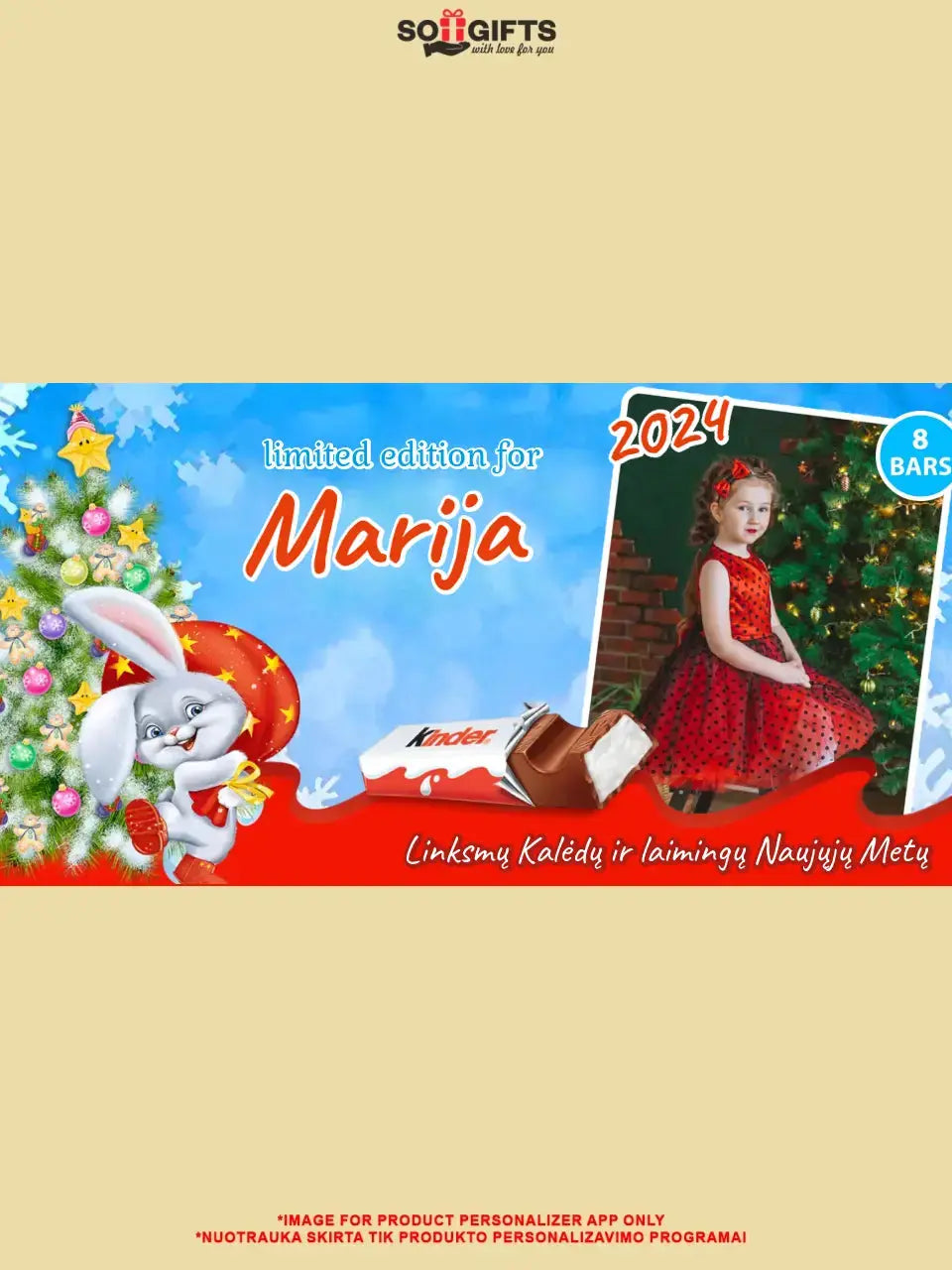 Personalizuota Kinder 8 batonėlių šokoladinė dėžutė su jūsų nuotrauka, Kalėdinė versija su kalėdiniu zuikučiu TeeInBlue