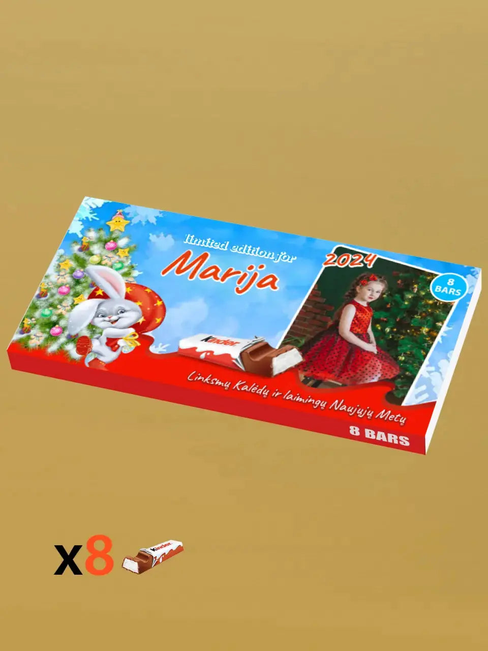 Personalizuota Kinder 8 batonėlių šokoladinė dėžutė su jūsų nuotrauka, Kalėdinė versija su kalėdiniu zuikučiu TeeInBlue