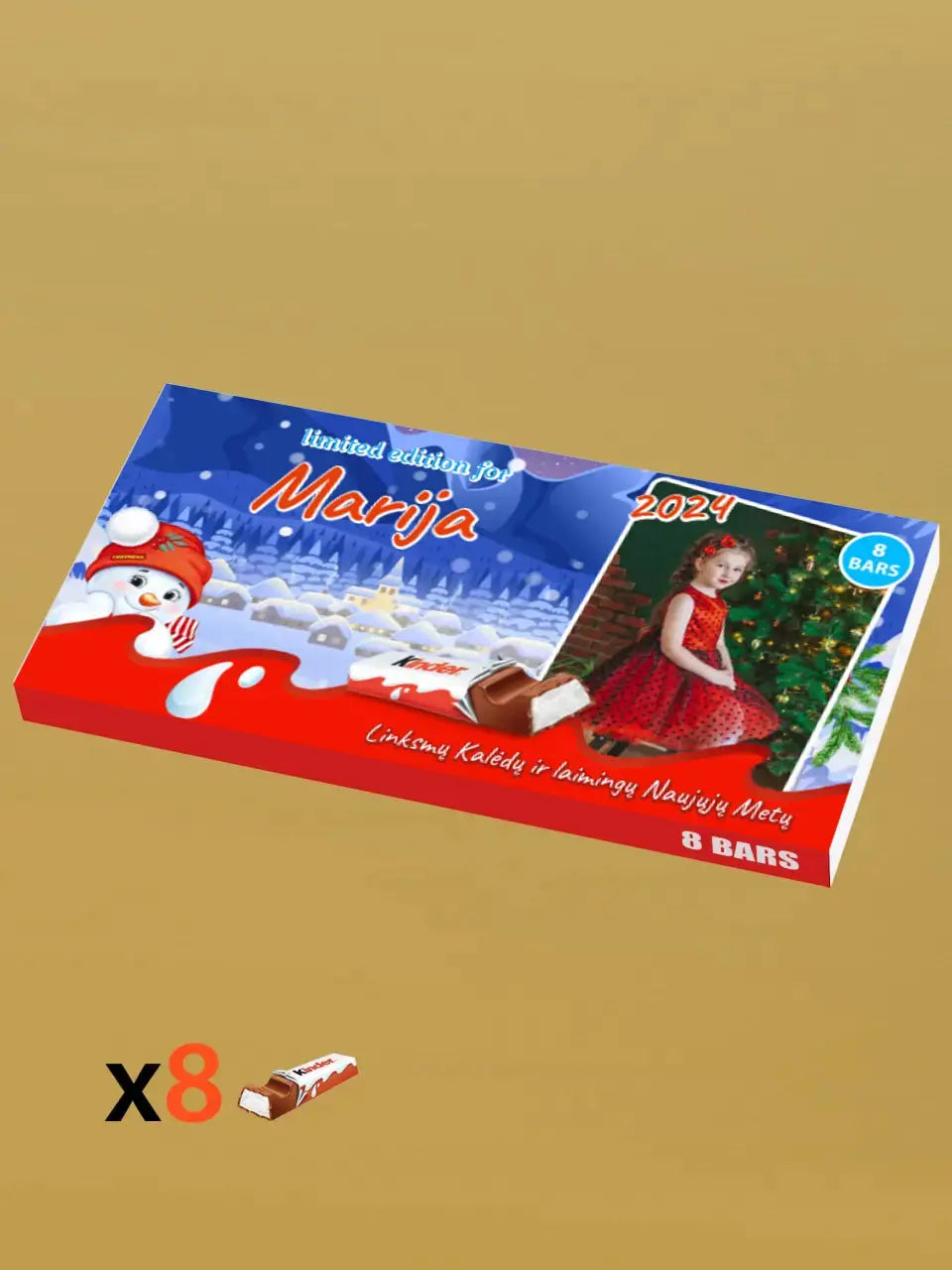 Personalizuota Kinder 8 batonėlių šokoladinė dėžutė su jūsų nuotrauka, Kalėdinė versija su sniego seneliu TeeInBlue