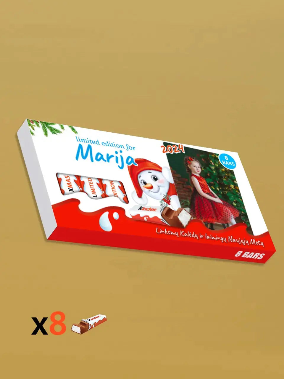 Personalizuota Kinder 8 batonėlių šokoladinė dėžutė su jūsų nuotrauka, Kalėdinė versija su sniego seneliu TeeInBlue