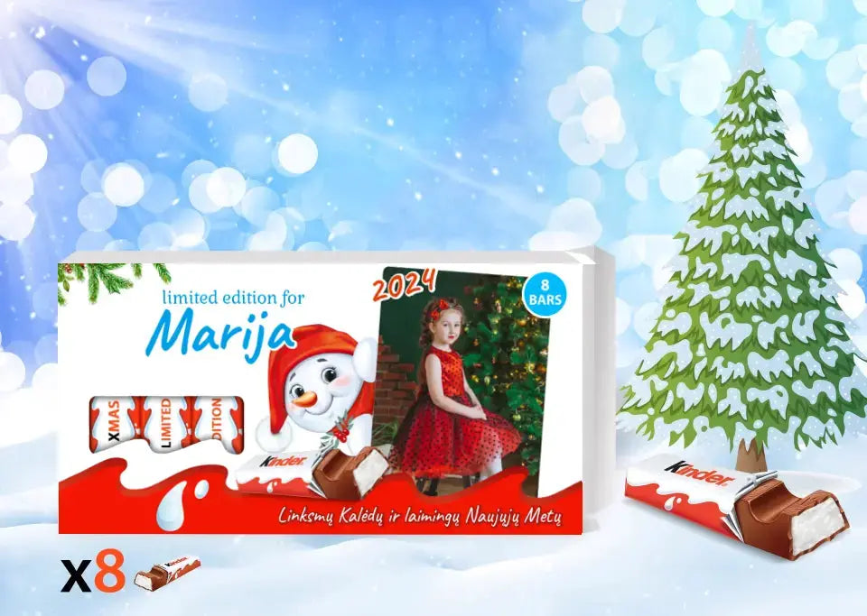 Personalizuota Kinder 8 batonėlių šokoladinė dėžutė su jūsų nuotrauka, Kalėdinė versija su sniego seneliu TeeInBlue