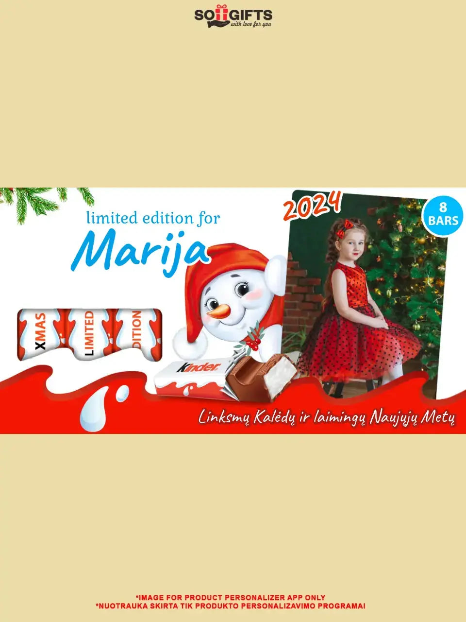 Personalizuota Kinder 8 batonėlių šokoladinė dėžutė su jūsų nuotrauka, Kalėdinė versija su sniego seneliu TeeInBlue