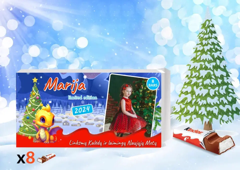 Personalizuota Kinder 8 batonėlių šokoladinė dėžutė su jūsų nuotrauka, Kalėdinė versija su pasirenkamais drakonų kūdikiais TeeInBlue