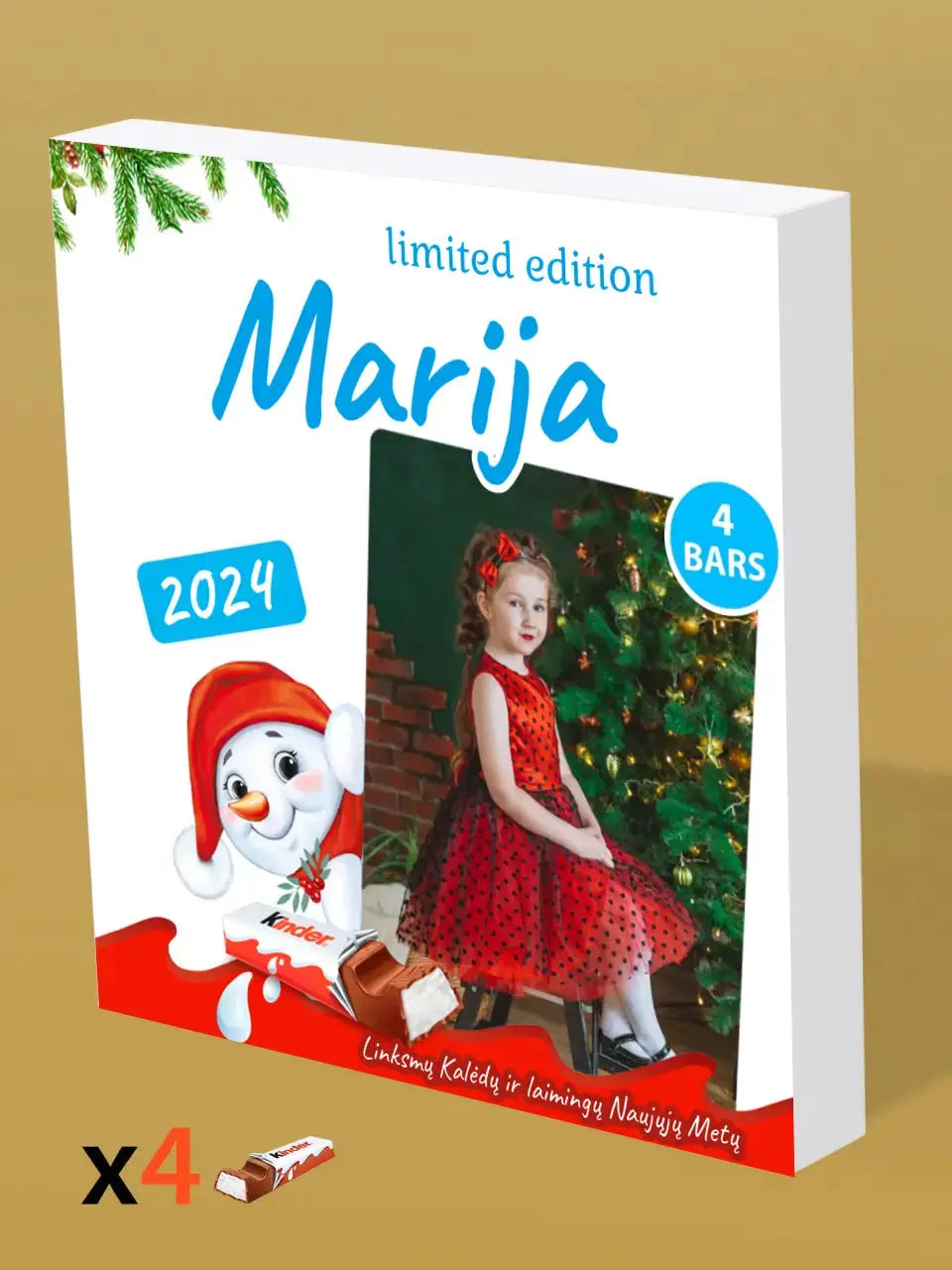 Personalizuota Kinder 4 batonėlių šokoladinė dėžutė su jūsų nuotrauka, Kalėdinė versija su sniego seneliu TeeInBlue