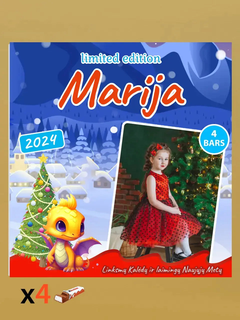 Personalizuota Kinder 4 batonėlių šokoladinė dėžutė su jūsų nuotrauka, Kalėdinė versija su pasirenkamais drakonų kūdikiais TeeInBlue