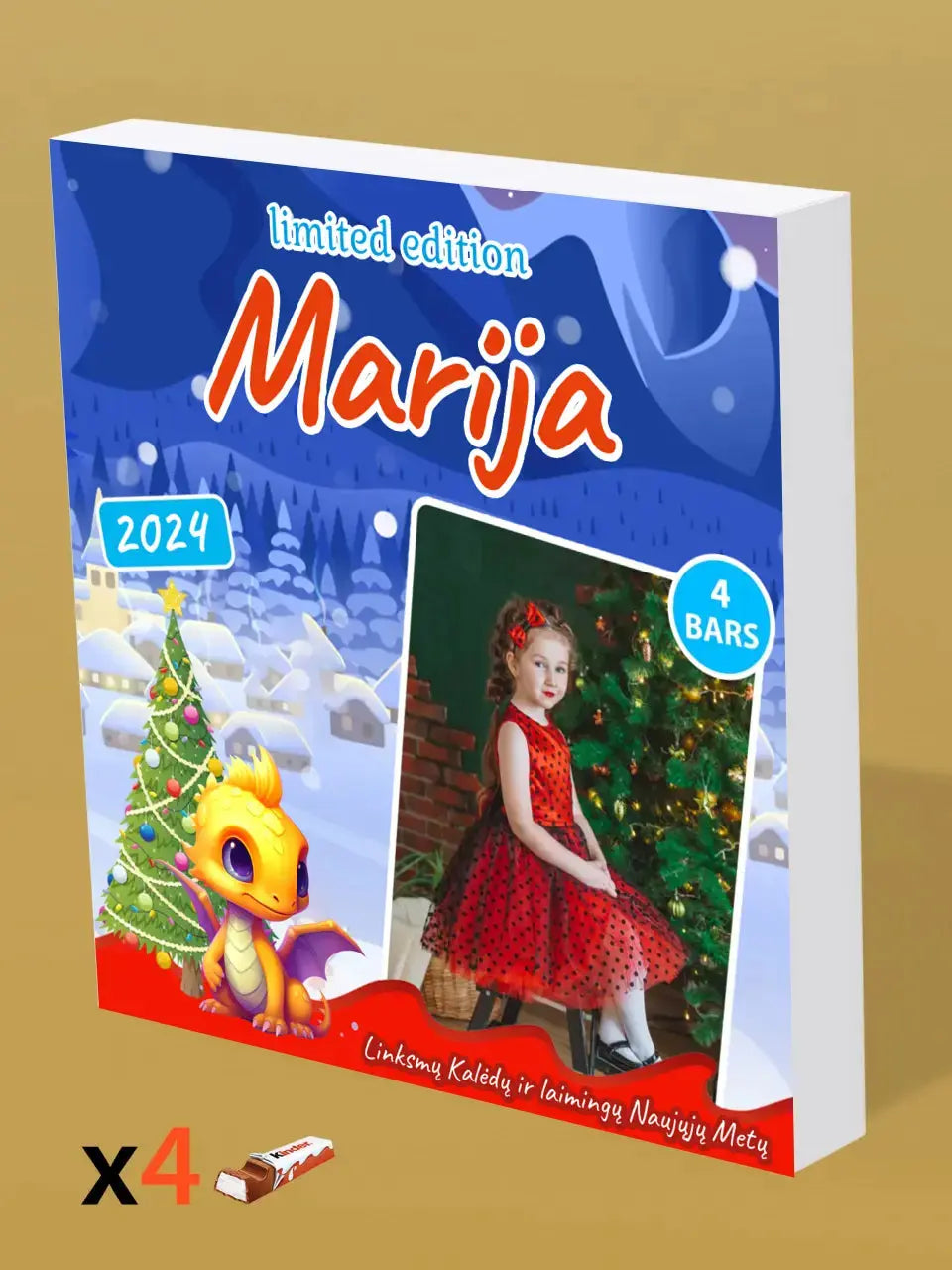 Personalizuota Kinder 4 batonėlių šokoladinė dėžutė su jūsų nuotrauka, Kalėdinė versija su pasirenkamais drakonų kūdikiais TeeInBlue