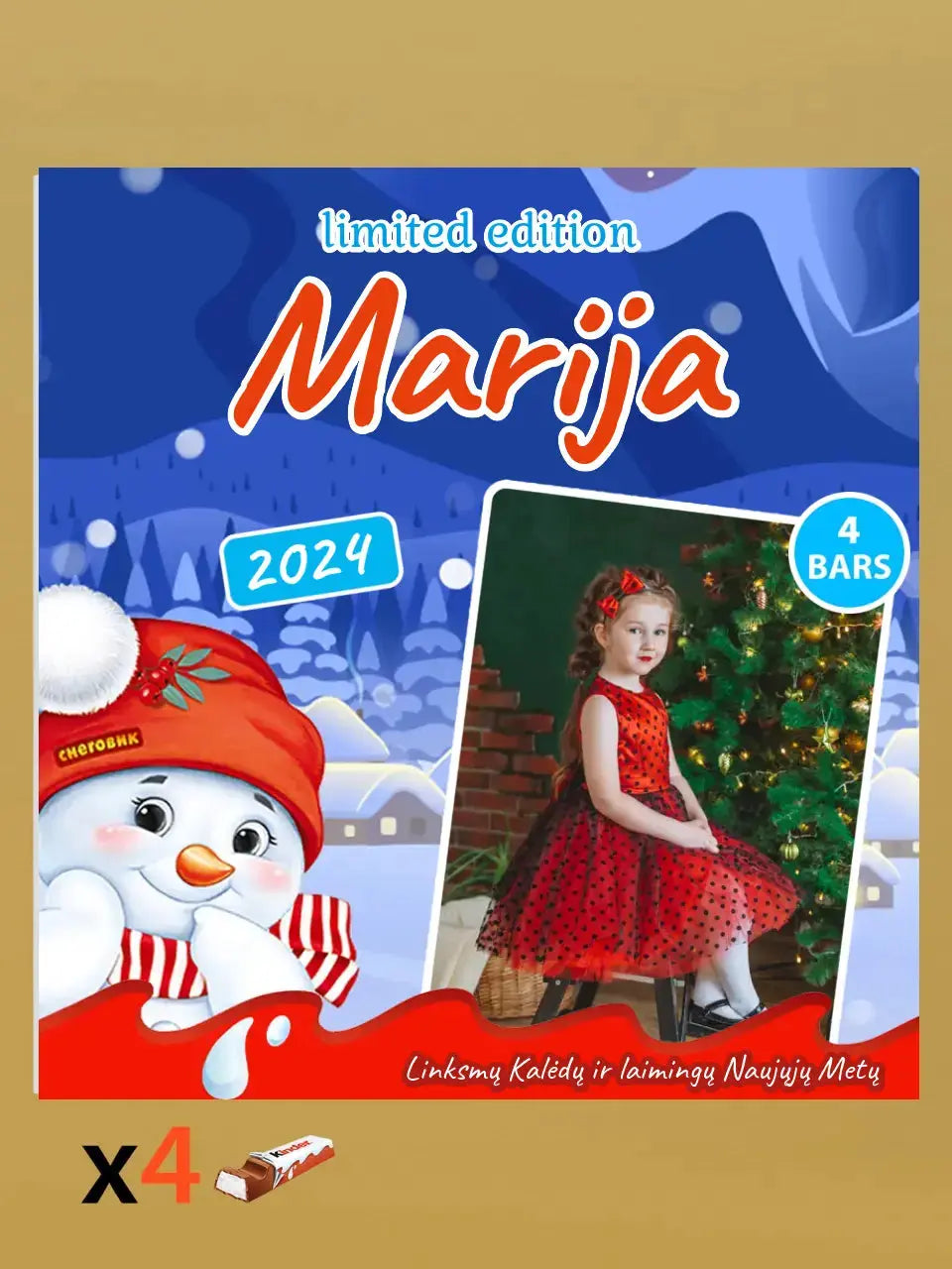 Personalizuota Kinder 4 batonėlių šokoladinė dėžutė su jūsų nuotrauka, Kalėdinė versija su sniego seneliu TeeInBlue