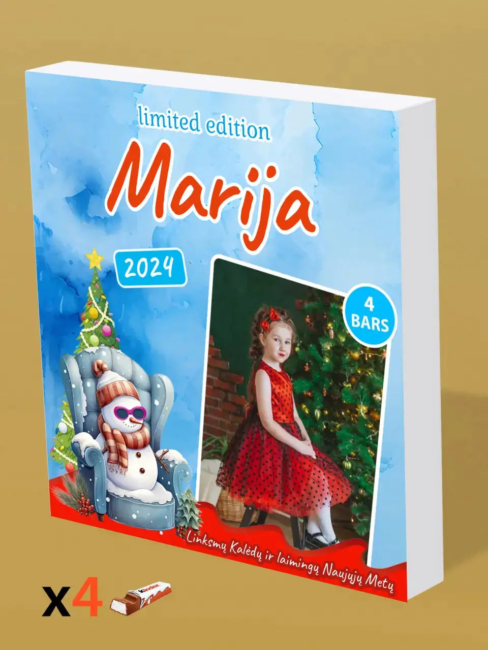 Personalizuota Kinder 4 batonėlių šokoladinė dėžutė su jūsų nuotrauka, Kalėdinė versija su bosu sniego seneliu TeeInBlue