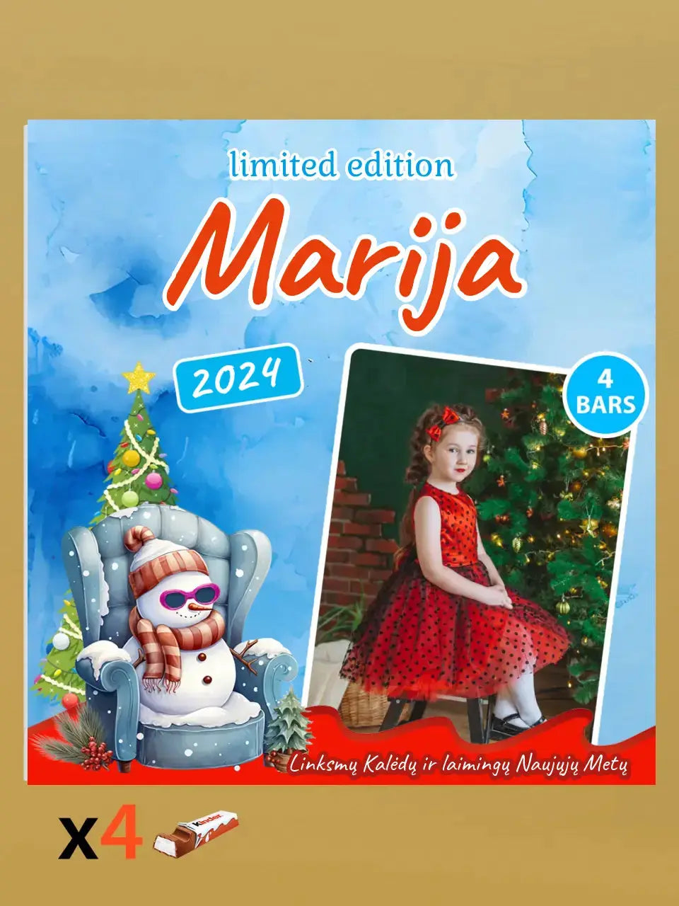 Personalizuota Kinder 4 batonėlių šokoladinė dėžutė su jūsų nuotrauka, Kalėdinė versija su bosu sniego seneliu TeeInBlue