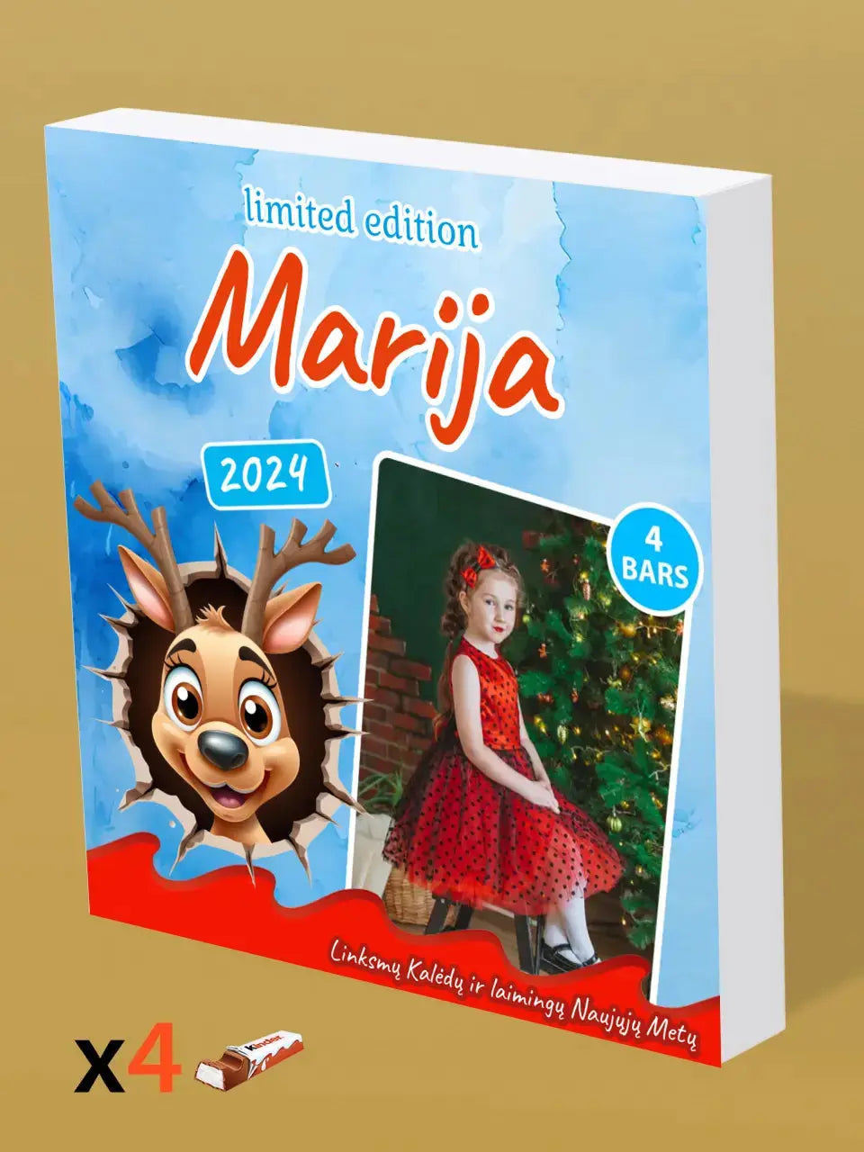 Personalizuota Kinder 4 batonėlių šokoladinė dėžutė su jūsų nuotrauka, Kalėdinė versija su animaciniais herojais TeeInBlue