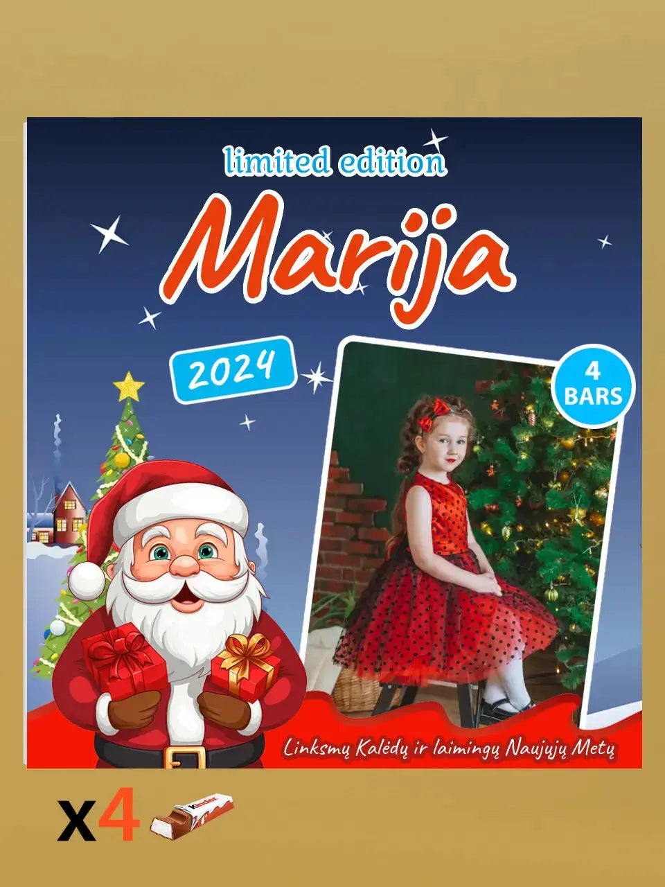 Personalizuota Kinder 4 batonėlių šokoladinė dėžutė su jūsų nuotrauka, Kalėdinė versija su Kalėdų seneliu TeeInBlue