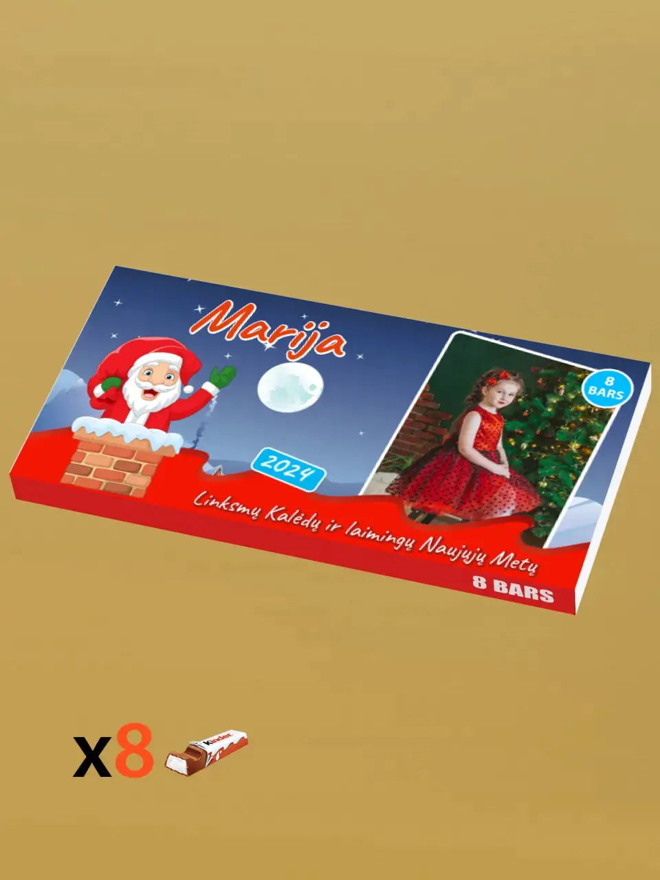 Personalizuota Kinder 8 batonėlių šokoladinė dėžutė su jūsų nuotrauka, Kalėdinis variantas su Kalėdų senelio pasirinkimu TeeInBlue