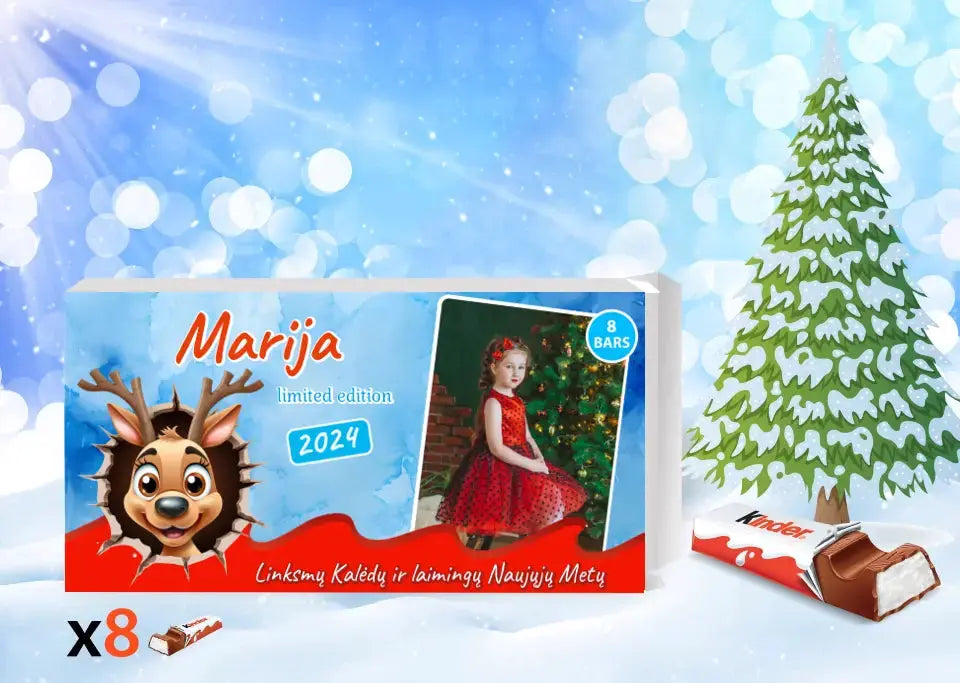 Personalizuota Kinder 8 batonėlių šokoladinė dėžutė su jūsų nuotrauka, Kalėdinė versija su animaciniais herojais TeeInBlue