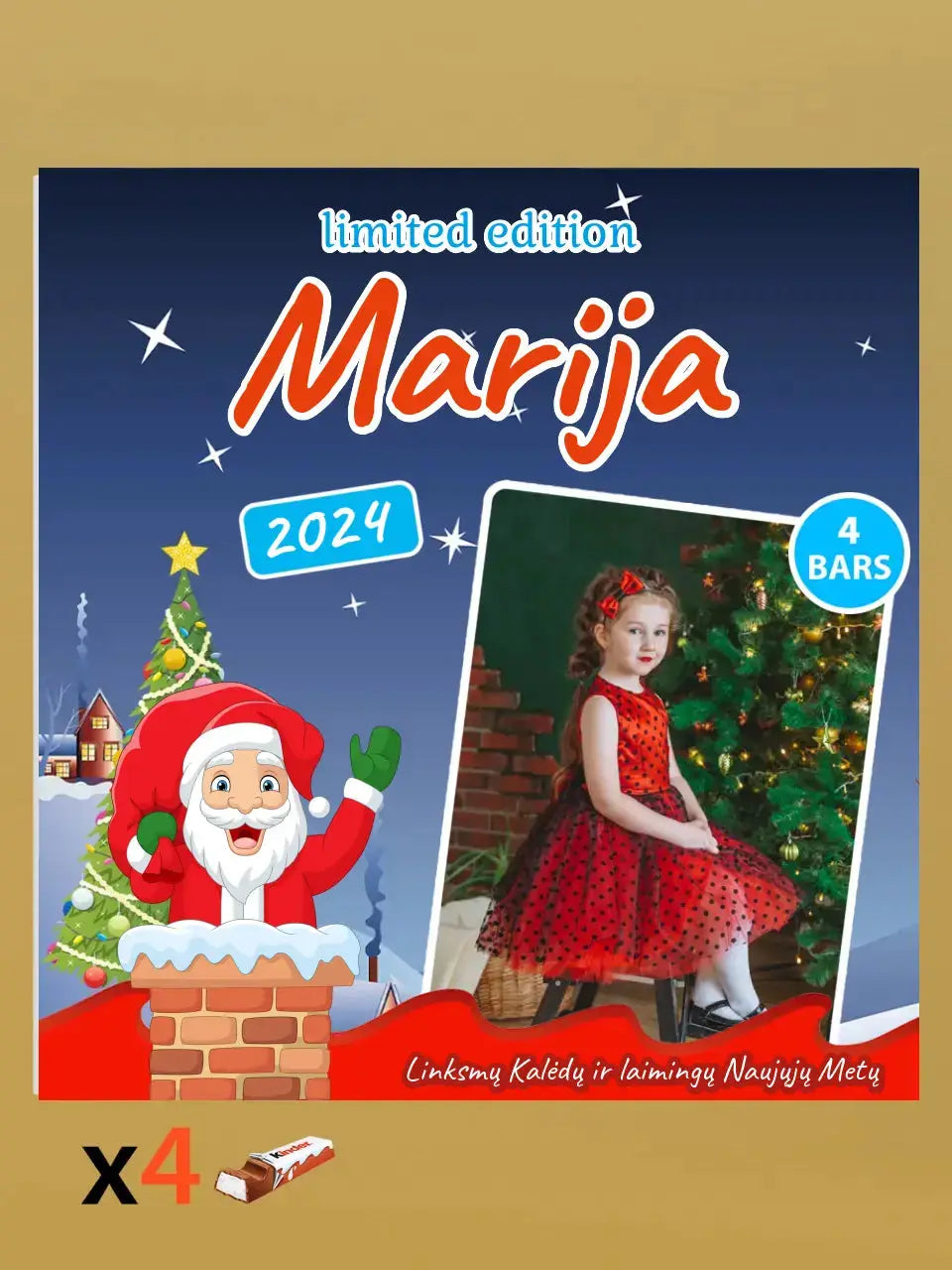 Personalizuota Kinder 4 batonėlių šokoladinė dėžutė su jūsų nuotrauka, Kalėdinis variantas su Kalėdų senelio pasirinkimu TeeInBlue