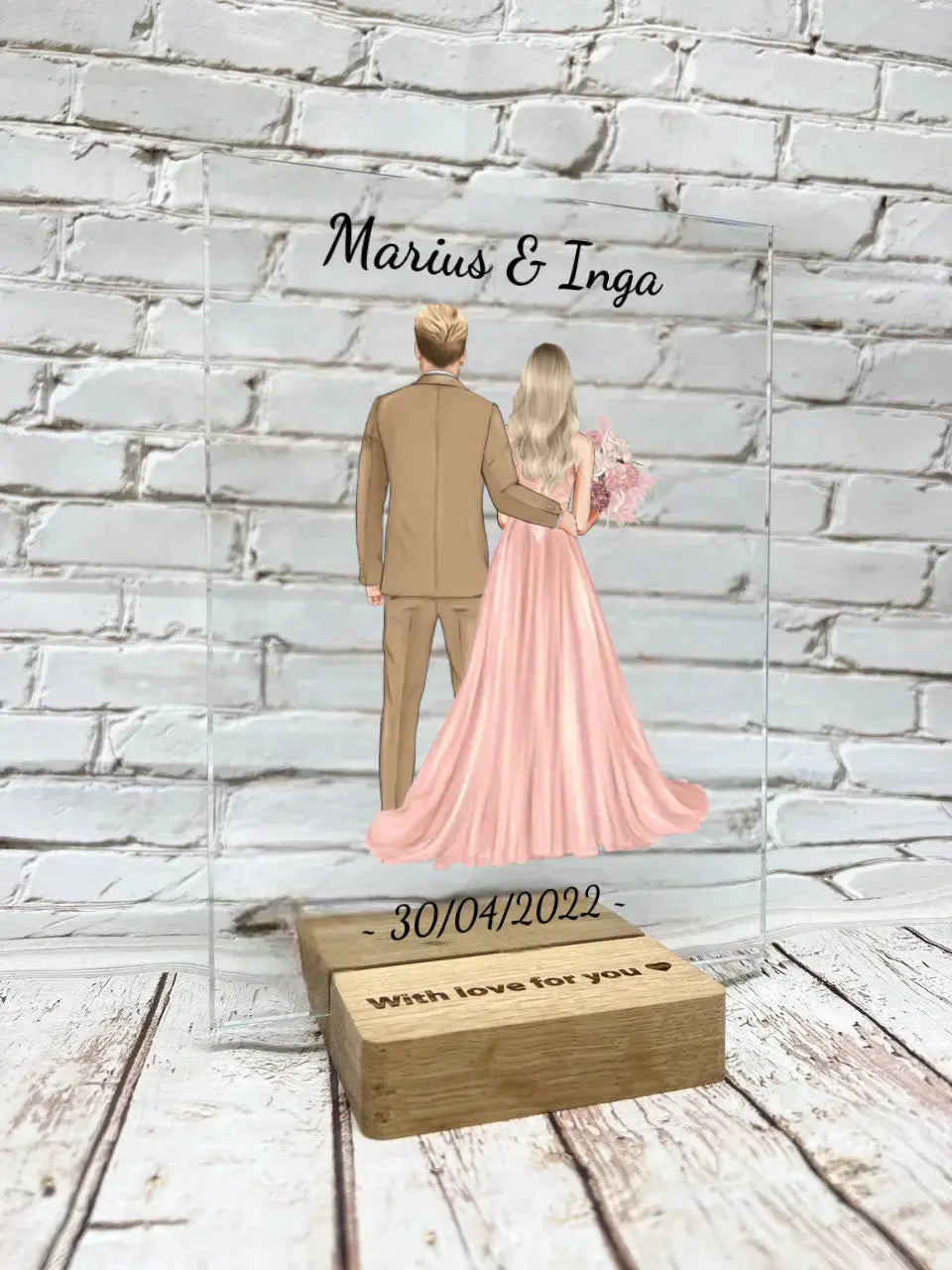 Personalizuotas jaunikio ir nuotakos vestuvių stiklinis posteris su jūsų data ir vardais TeeInBlue