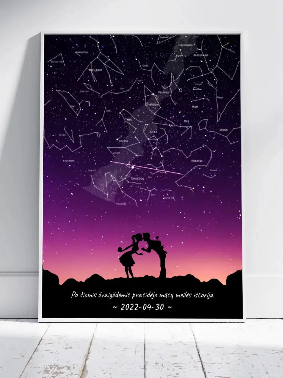 Personalizuotas viso spektro žvaigždžių žemėlapis, plakatas su rėmeliu, su Meilės istorijos pasirinktu siluetu Poster - dovanokis.lt